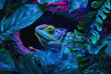Enclosed in a botanical landscape, a luminous chameleon exudes a sense of mystery in this vibrant image