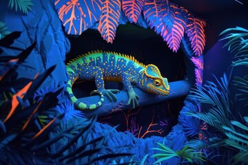 Neon illuminated chameleon positioned among fluorescent foliage creates a surreal, otherwordly visual
