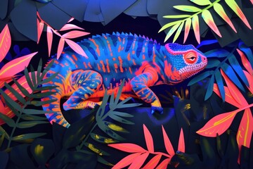 Bold neon colors highlight a chameleon among thick exotic foliage, celebrating the uniqueness of nature's design