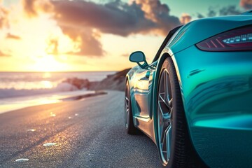 This photo features a detailed shot of a car driving on a road alongside the ocean, A teal sports...