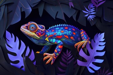 A vibrant chameleon stands out against a dark, leafy backdrop, showcasing a mix of colors and textures