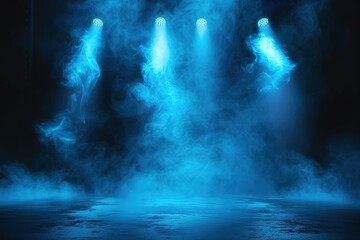Fototapeta premium Illuminated stage with scenic lights and smoke. Blue vector spotlight with smoke volume light effect on black background. Stadium cloudiness projector