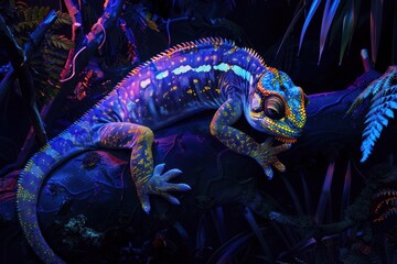 This vibrant digital art piece features a chameleon with neon colors lit creatively against a dark jungle backdrop
