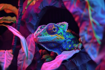 A chameleon appears in a psychedelic neon habitat, bringing a fantasy-like atmosphere