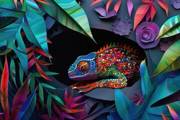 Stunning chameleon with a mosaic of colors positioned on a deep black with vibrant flora