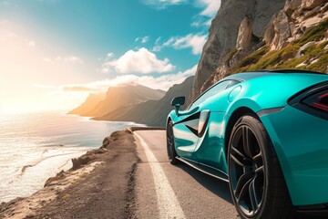 A blue sports car drives along a road next to the ocean, creating a dynamic scene of speed and beauty, A teal sports car on a sunlit coastal road, AI Generated