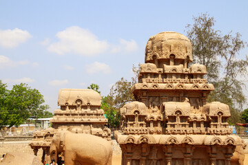 Group of Rock cut ancient temple towers in south Indian city near Chennai 