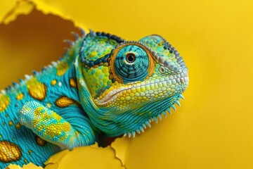 Close-up photography of a chameleon with highly detailed scales against a contrasting yellow background
