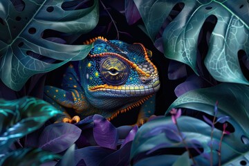 A subtle close-up of a chameleon surrounded by a myriad of leaves blends realism with a touch of fantasy