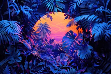 Sunset scene with a silhouetted tropical landscape showing through an array of brightly colored foliage