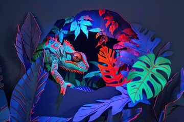 An exquisite paper art representation of a chameleon blending with colorful hand-crafted foliage