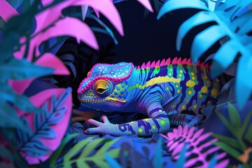 A strikingly colorful chameleon stands out among deep blue and pink tropical foliage, creating a captivating view - obrazy, fototapety, plakaty