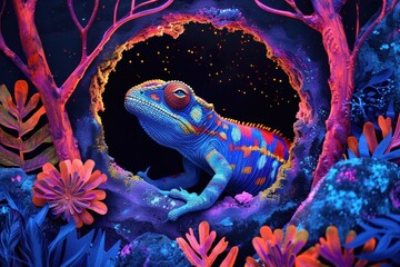 A chameleon within a neon cosmic environment denotes a surreal intersection of nature and fantasy - obrazy, fototapety, plakaty