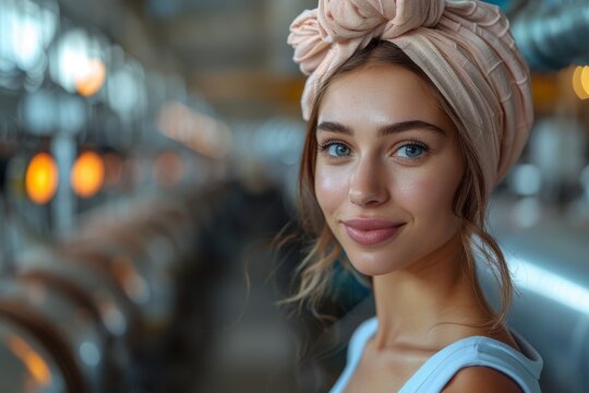 A woman with a head wrap presents a confident smile in an industrial brewery-like setting, suggesting competence