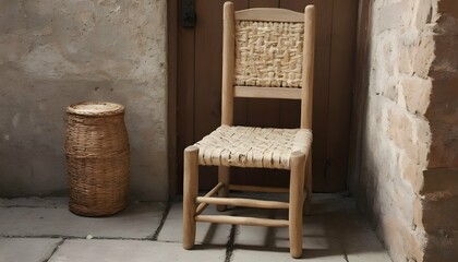 Fototapeta na wymiar A-Rustic-Wooden-Chair-With-A-Woven-Seat-