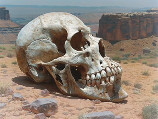 A large skull is laying on the ground in a desert. The skull is surrounded by rocks and dirt, and the desert landscape creates a sense of isolation and desolation