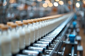 Rows of milk bottles on a conveyor belt within a production facility, illustrating modern dairy industry practices - obrazy, fototapety, plakaty