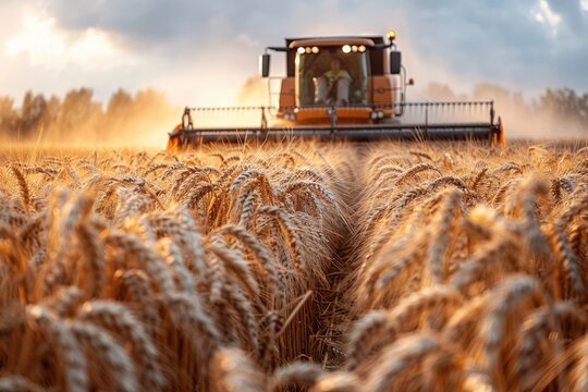 A harvester reaps wheat at sunset, highlighting agricultural productivity and the importance of farming in food production