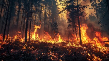 Devastating Forest Fire Engulfing Trees - obrazy, fototapety, plakaty