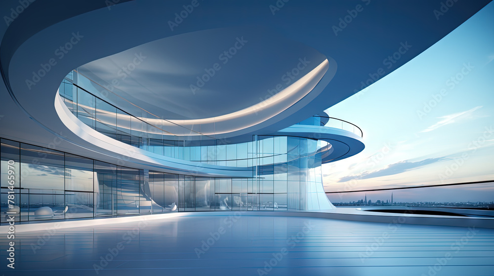 Poster Abstract architecture scene with smooth curves. Abstract background with futuristic building in white and blue colors.