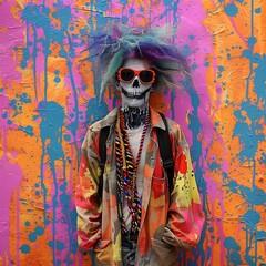 Zombie amidst a burst of vibrant colors with sunglasses completing its quirky undead ensemble