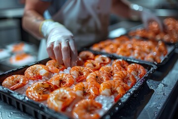 In a professional kitchen, a chef's gloved hands are carefully placing cooked shrimp on a tray, with a focus on quality presentation