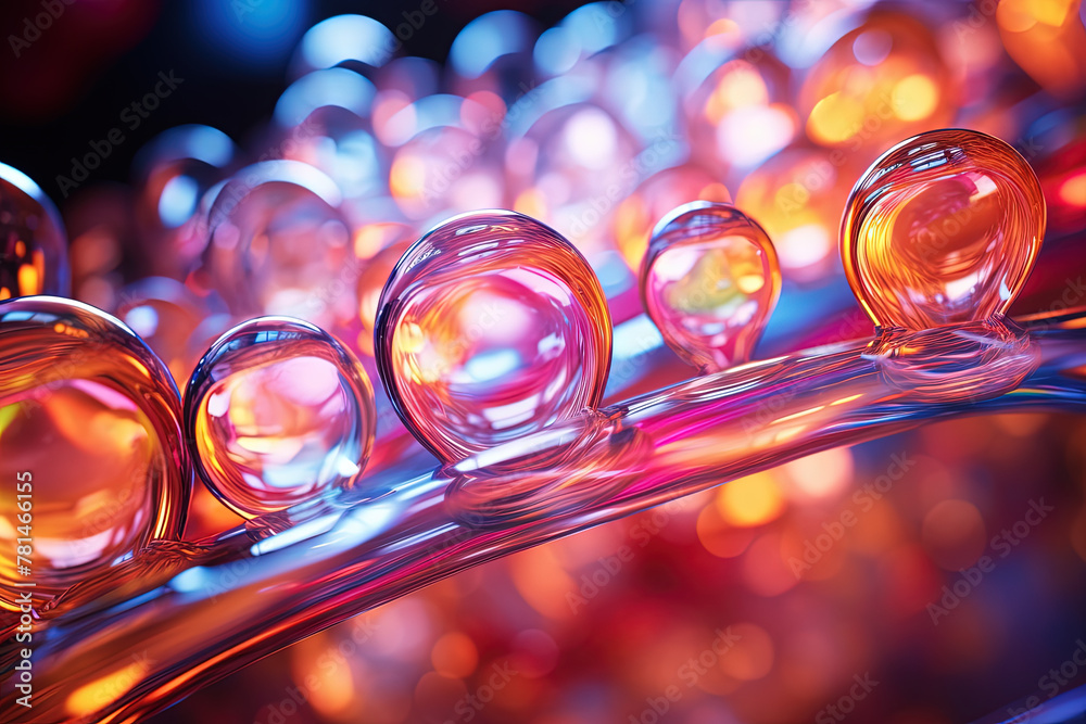 Poster pink holographic bubbles floating on the soft colorful abstract background in beautiful vivid tones.