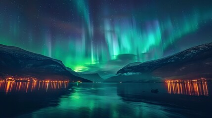 beautiful landscape of the green Northern Lights seen from a lake at night in high resolution and quality