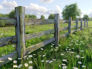 A wooden fence with a few flowers in the grass. The fence is old and weathered, giving the scene a rustic and peaceful feel