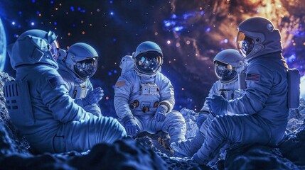 A dramatic and striking image of a team of astronauts seated amidst an otherworldly, planetary landscape