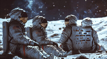 Four astronauts in spacesuits sitting together on lunar soil, representing camaraderie in a harsh environment