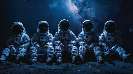 A captivating image featuring five astronauts seated in a row under a starry sky, encapsulating the mysteries of space