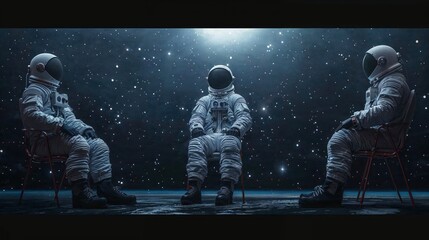 Three astronauts perched on chairs in space, facing an endless starry backdrop, reflecting anticipation and awe