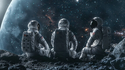 Three astronauts in spacesuits sit on the lunar surface, gazing towards Earth amidst a backdrop of stars and galaxy