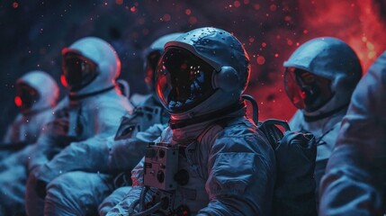 A dramatic depiction of astronauts facing a fiery glow evoking danger, bravery, and discovery in space