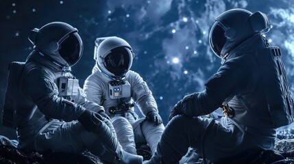 Astronauts engaged in a conversation while sitting on a lunar rock, highlighted by a mystical blue hue and stars