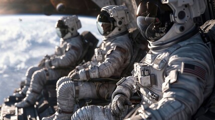 Group of astronauts in spacesuits sitting closely together on a spacecraft ramp, possibly in a discussion or prep talk - obrazy, fototapety, plakaty