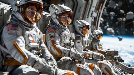Several astronauts equipped with spacesuits are lined up on a deck inside a spaceship, facing towards Earth