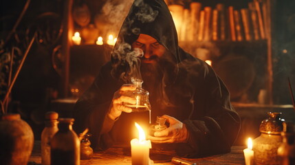 Medieval Alchemy. Enigmatic Alchemist Conjuring Potions Amidst Flickering Candlelight
