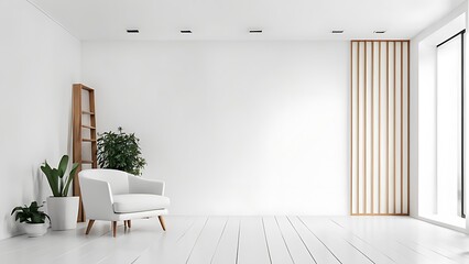 Fototapeta premium Modern minimalist interior with an armchair on empty white color wall background.