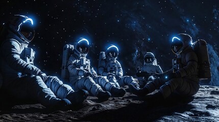 A group of astronauts exhibit a leisurely scene, sitting comfortably on the moon’s surface with stars backdrop