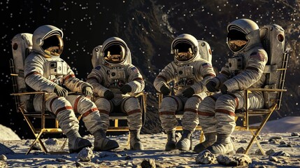 Astronauts in spacesuits relax on moon chairs, offering a humorous take on space exploration and humanization of astronauts - obrazy, fototapety, plakaty