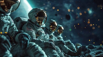 Astronauts sit in a line on the moon's surface, gazing at the star-filled sky, evoking a sense of wonder and discovery