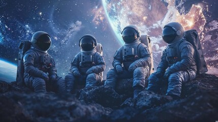 Astronaut group sitting against a cosmic backdrop with vibrant galactic colors, portraying space admiration
