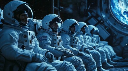 This shows a row of astronauts with a swirling blue cosmic vortex in the background, evoking mystery