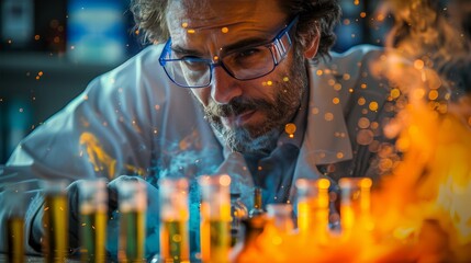 Laboratory Research: A scientist in a lab coat conducting an experiment with a Bunsen burner - obrazy, fototapety, plakaty