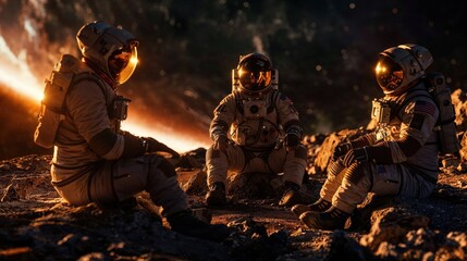 Three astronauts relaxing on a rocky surface with explosion in the background, portraying a break during a space mission