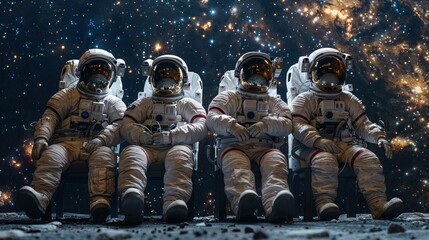 Four astronauts in space suits seated, gazing into the cosmos with a bright galactic core in the background