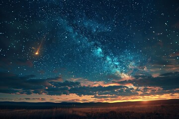A beautiful night sky with a bright star and a cloudless sky. The sky is filled with stars and the sun is setting - obrazy, fototapety, plakaty