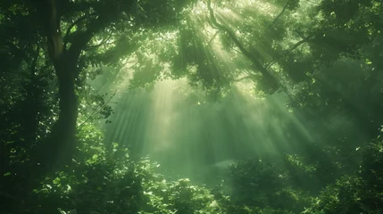 Tuinposter Mystical Forest Enchantment, Sunlight filtering through lush green trees in a mystical forest © Mars0hod